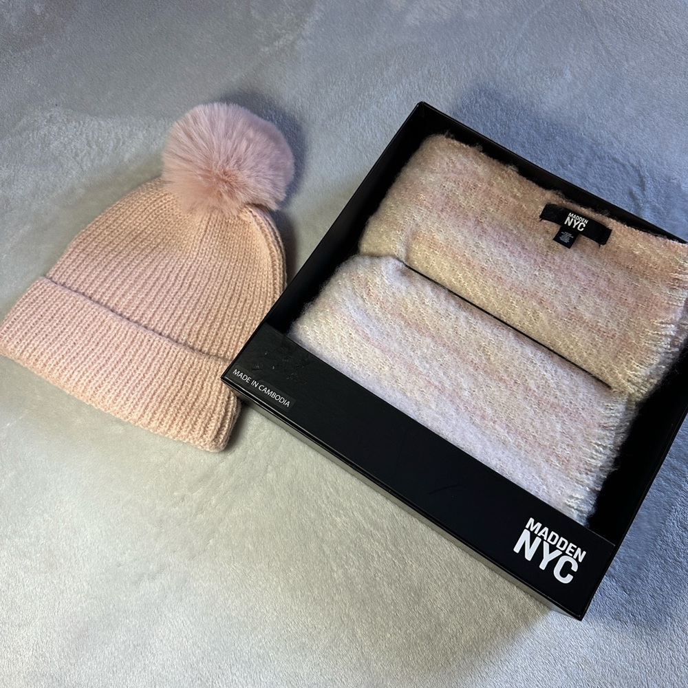 Knit Pom-Pom Beanie and Scarf Set by Steve Madden NYC Collection - Light Pink